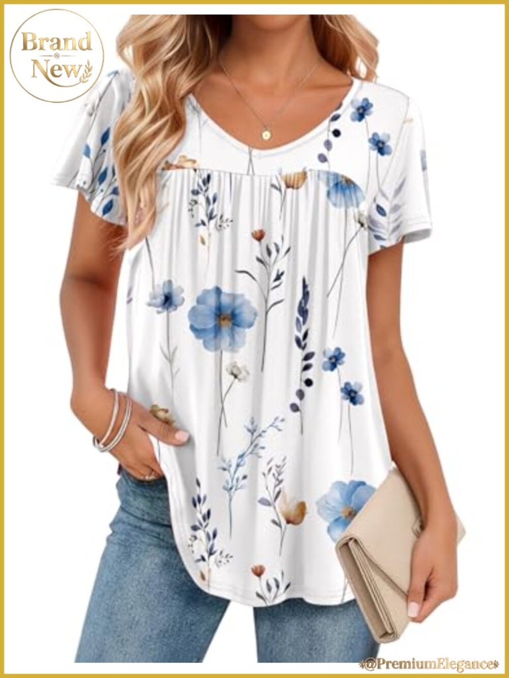 Ruffle Sleeve Pleated V-Neck Tunic Blouse, Women's Short Sleeve Shirt,